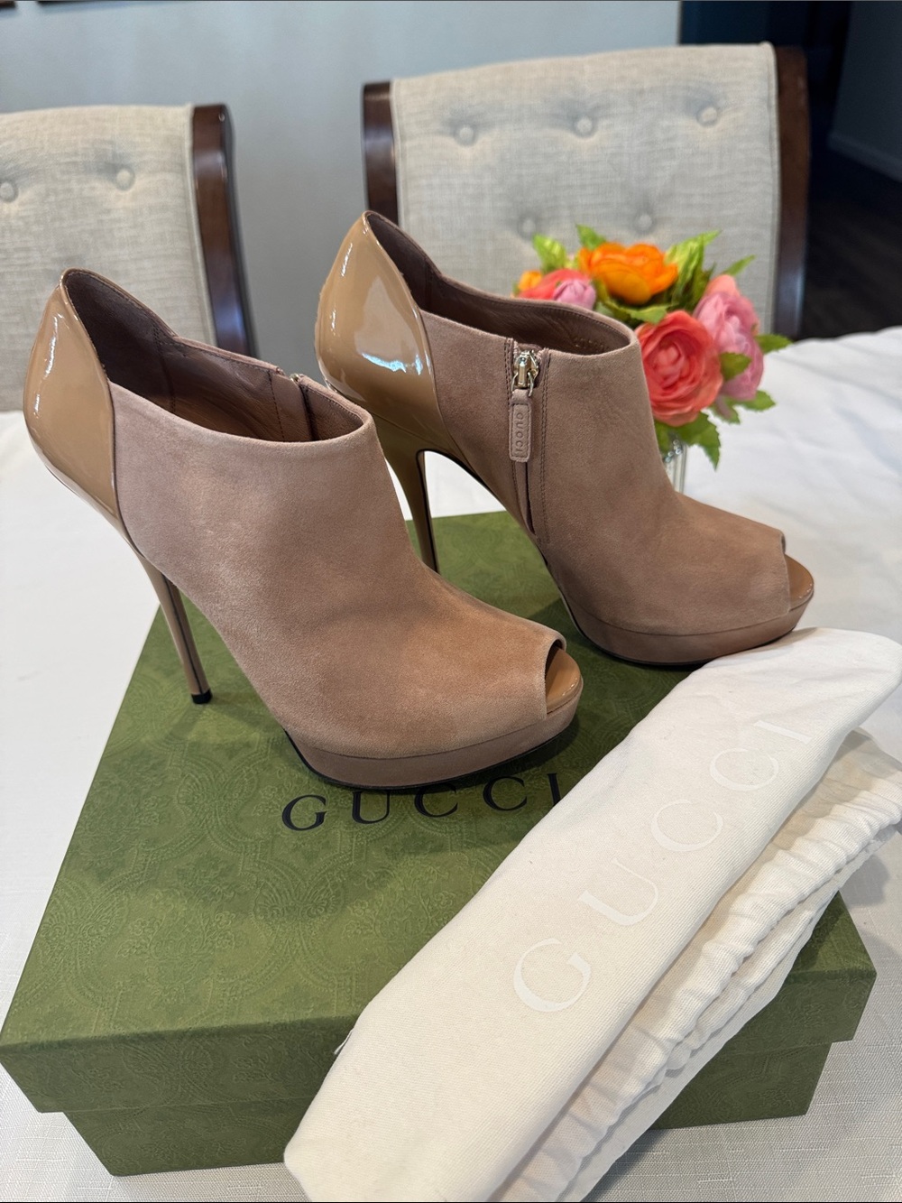 Authentic Gucci Taupe Suede & Patent Peep-Toe High Heel Booties